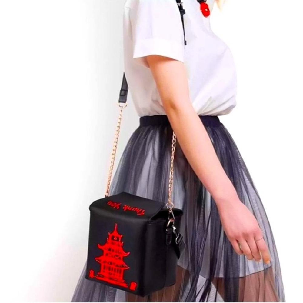 Chinese Tower Print Black Red Takeout Box Crossbody with Gold Link Chain Purse